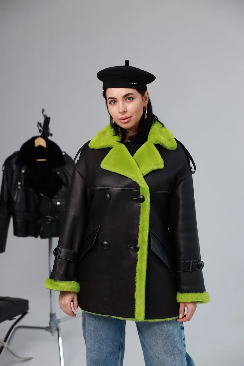 Merino sheepskin coat in apple green color