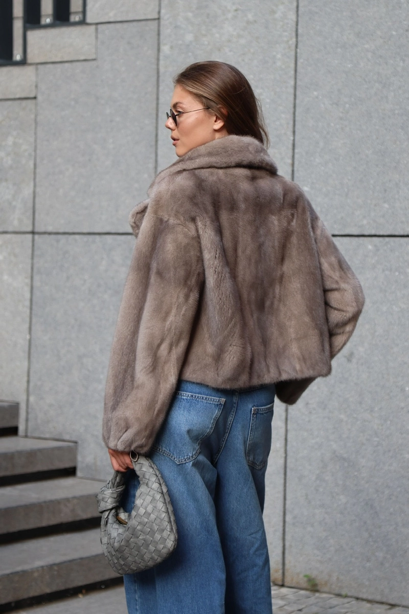 Cropped Scandinavian mink fur coat in a natural grey ice shade