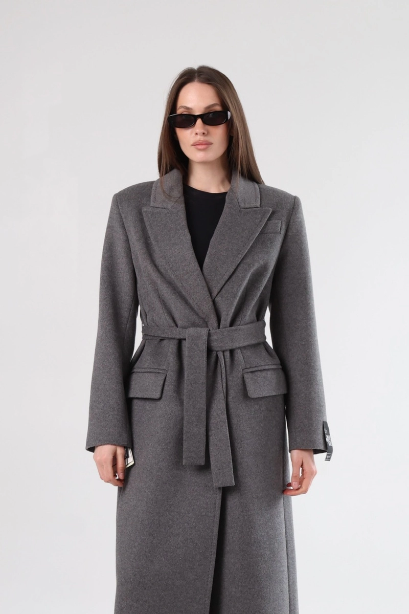 Gray straight cut coat in maxi length