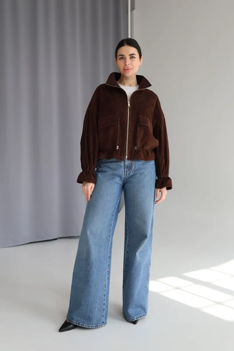 Suede bomber jacket with gold hardware