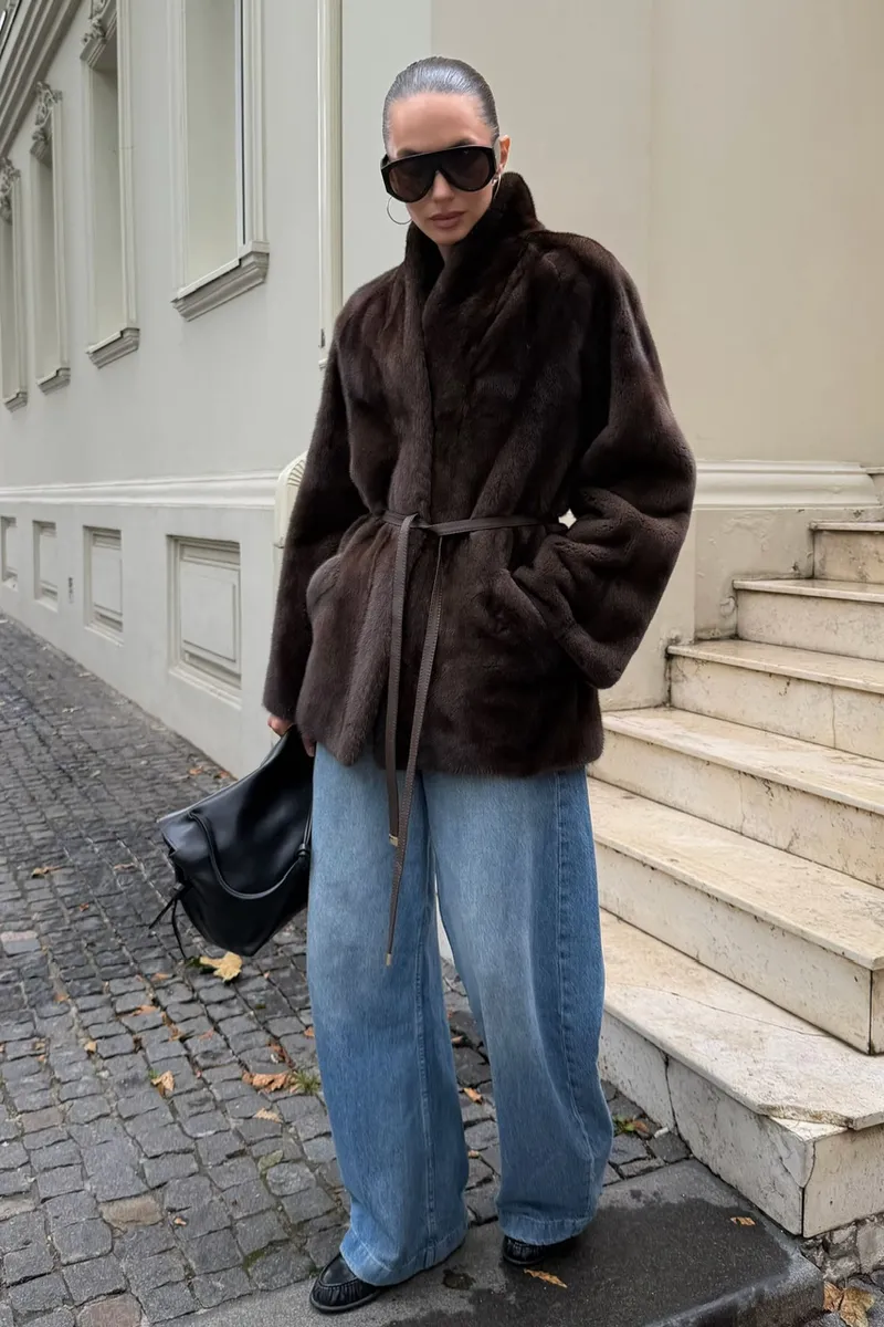 Belted mink fur coat with patch pockets