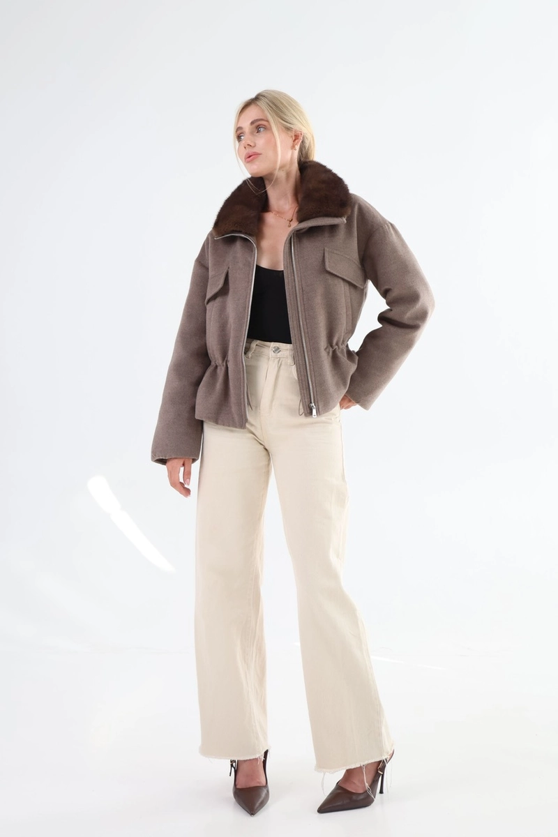 Wool down jacket with mink fur collar