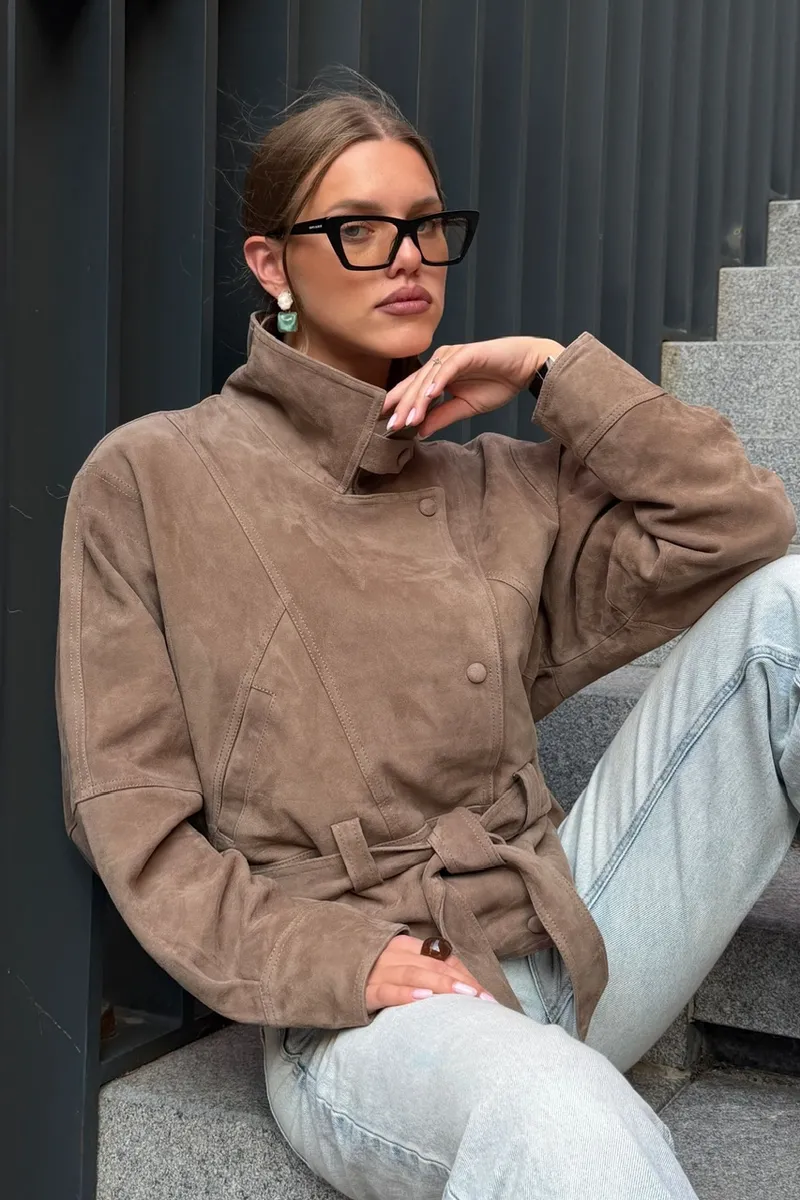 Light beige suede belted jacket