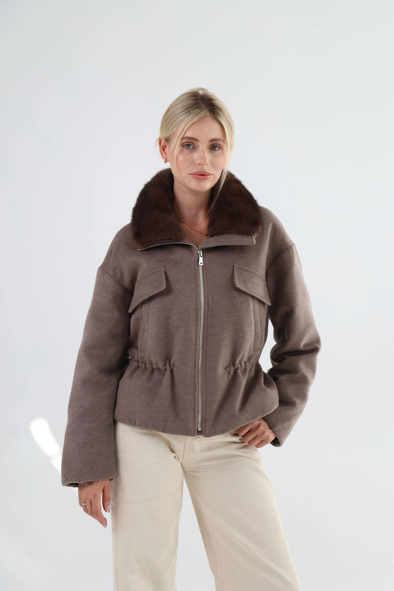 Wool down jacket with mink fur collar