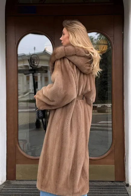 Pastel mink fur coat with a marten fur hood