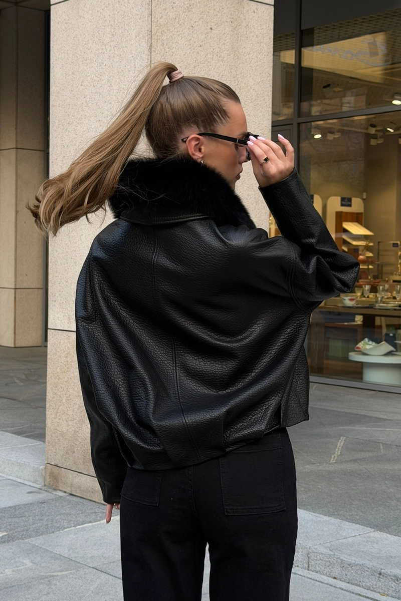 Black leather bomber jacket for the transitional season