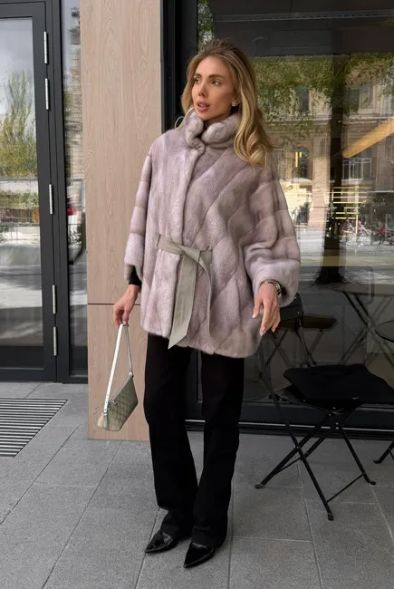 Ice mink fur coat with a stand collar