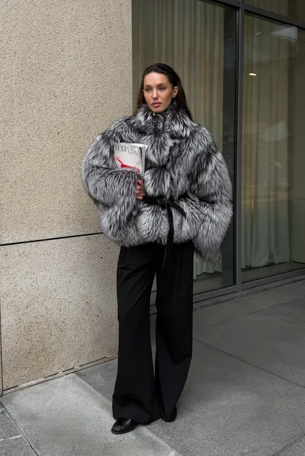 Silver fox fur coat with a stand-up collar