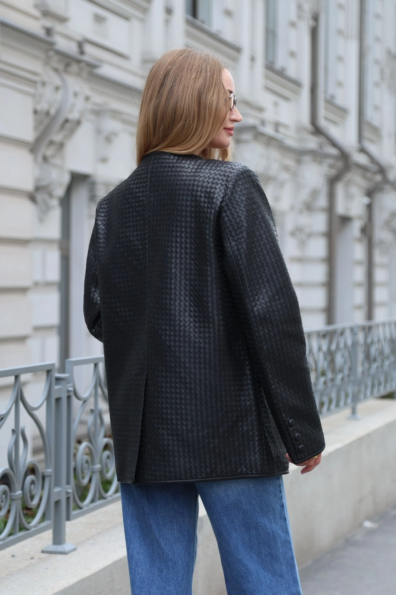 Collarless Woven Leather Jacket