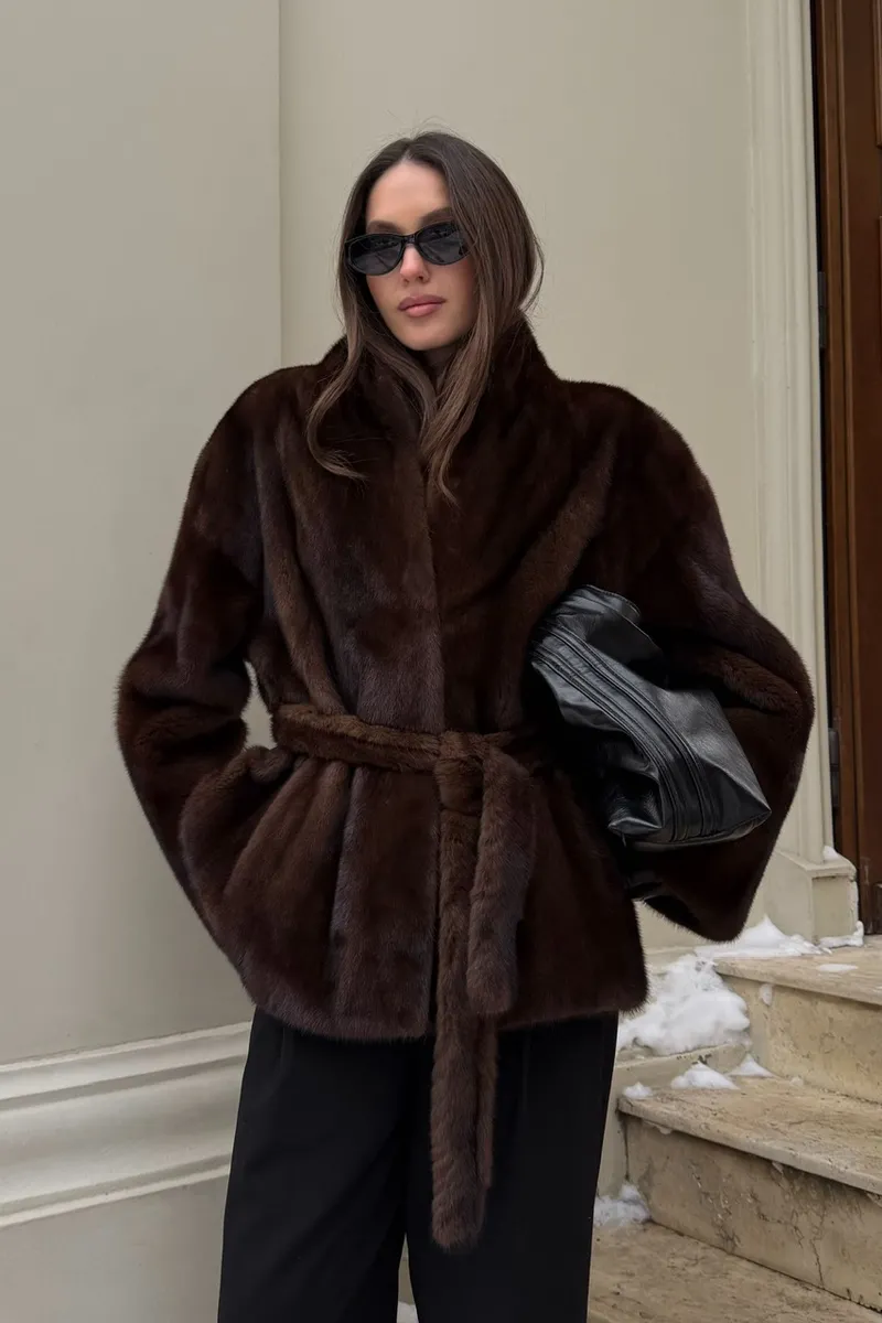 Brown mink fur coat with a shawl collar