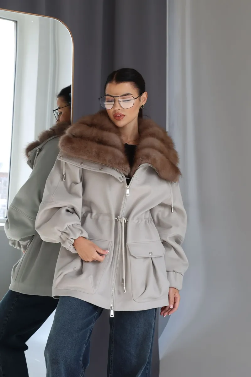 Gray cashmere coat with marten fur on the collar