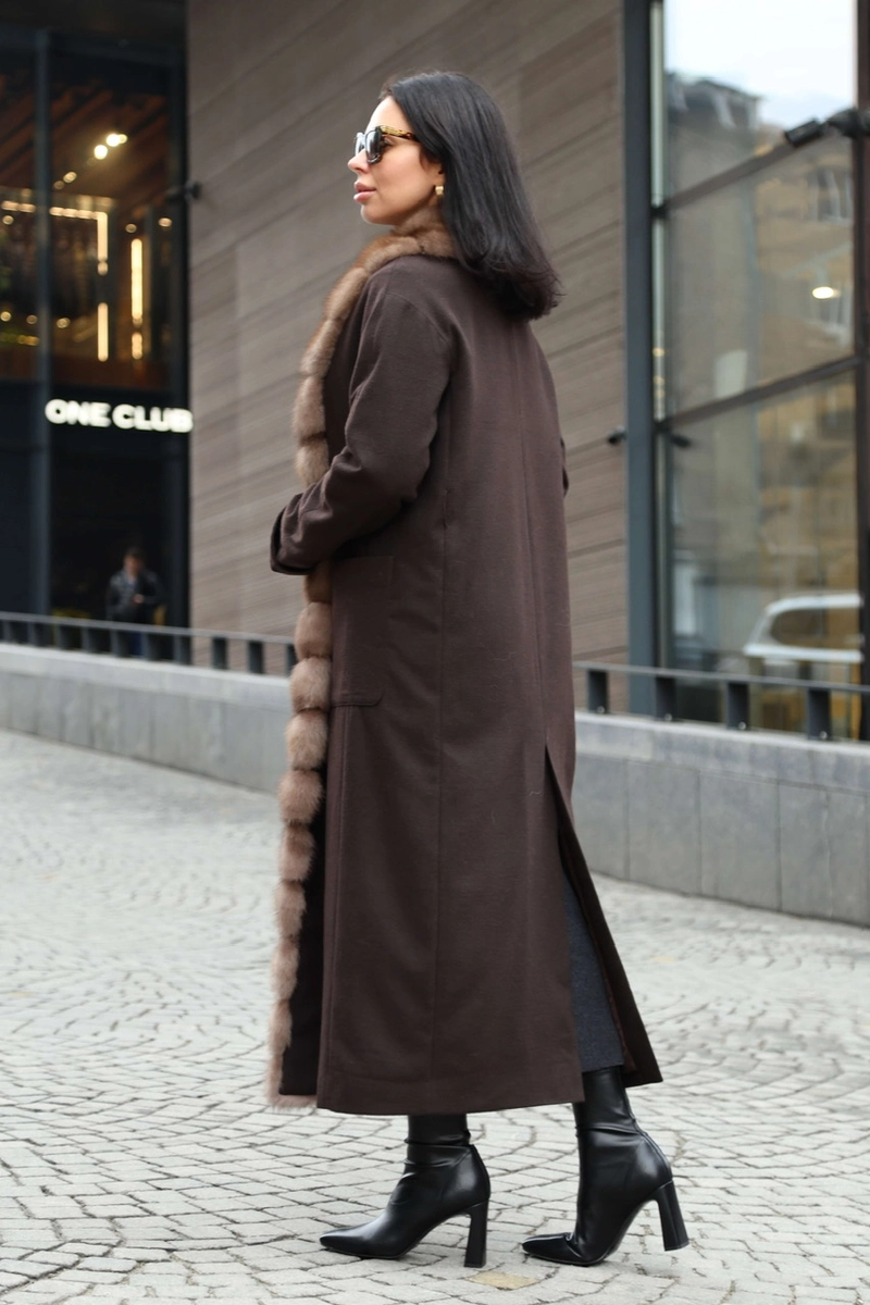 Chocolate cashmere coat with marten fur trim