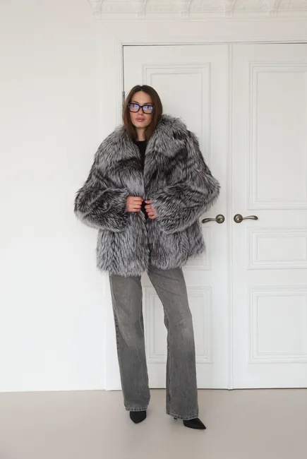 Silver fox fur coat with a notch collar