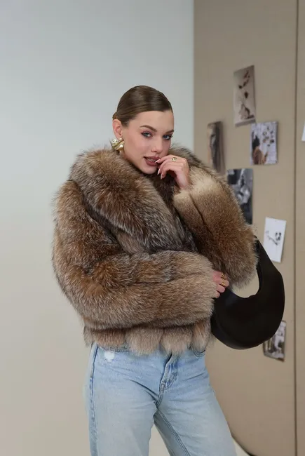Fox fur coat with a shawl collar