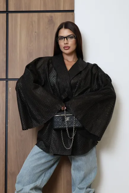 Black woven leather cardigan