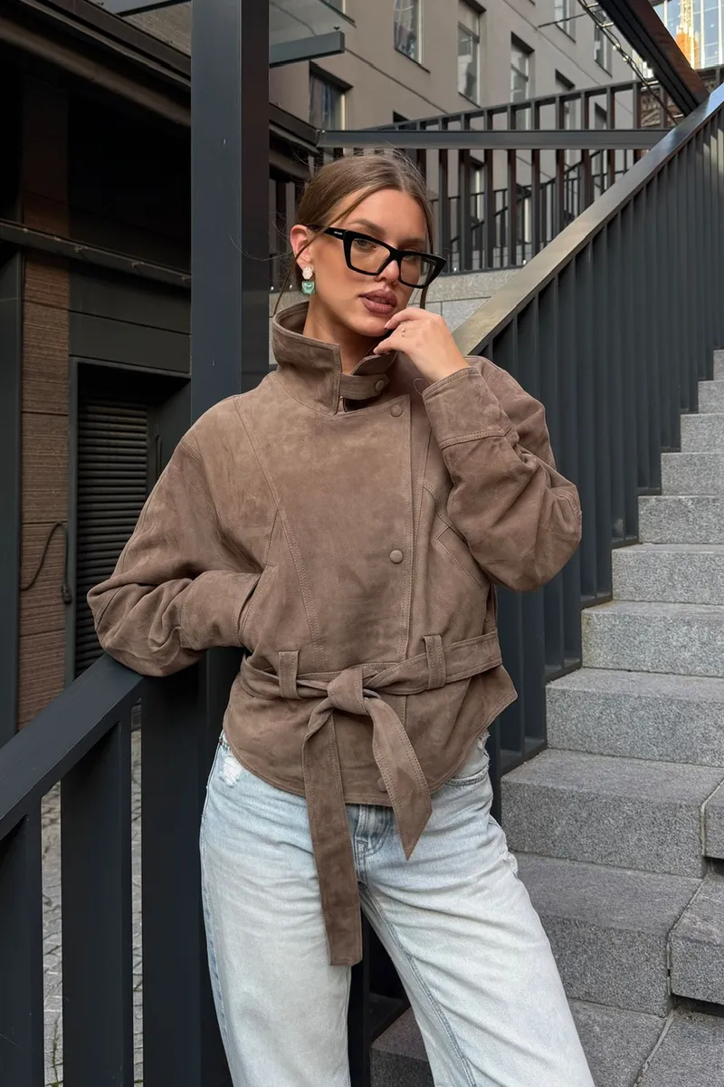 Light beige suede belted jacket