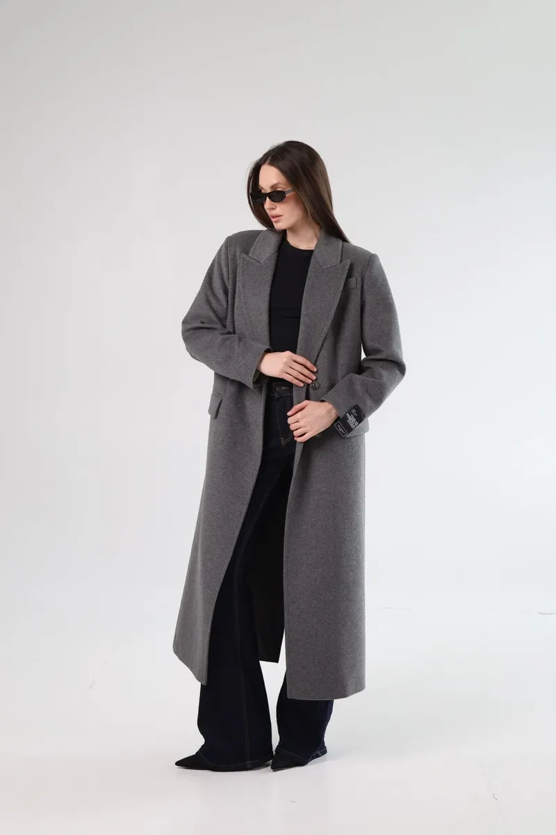 Gray straight cut coat in maxi length