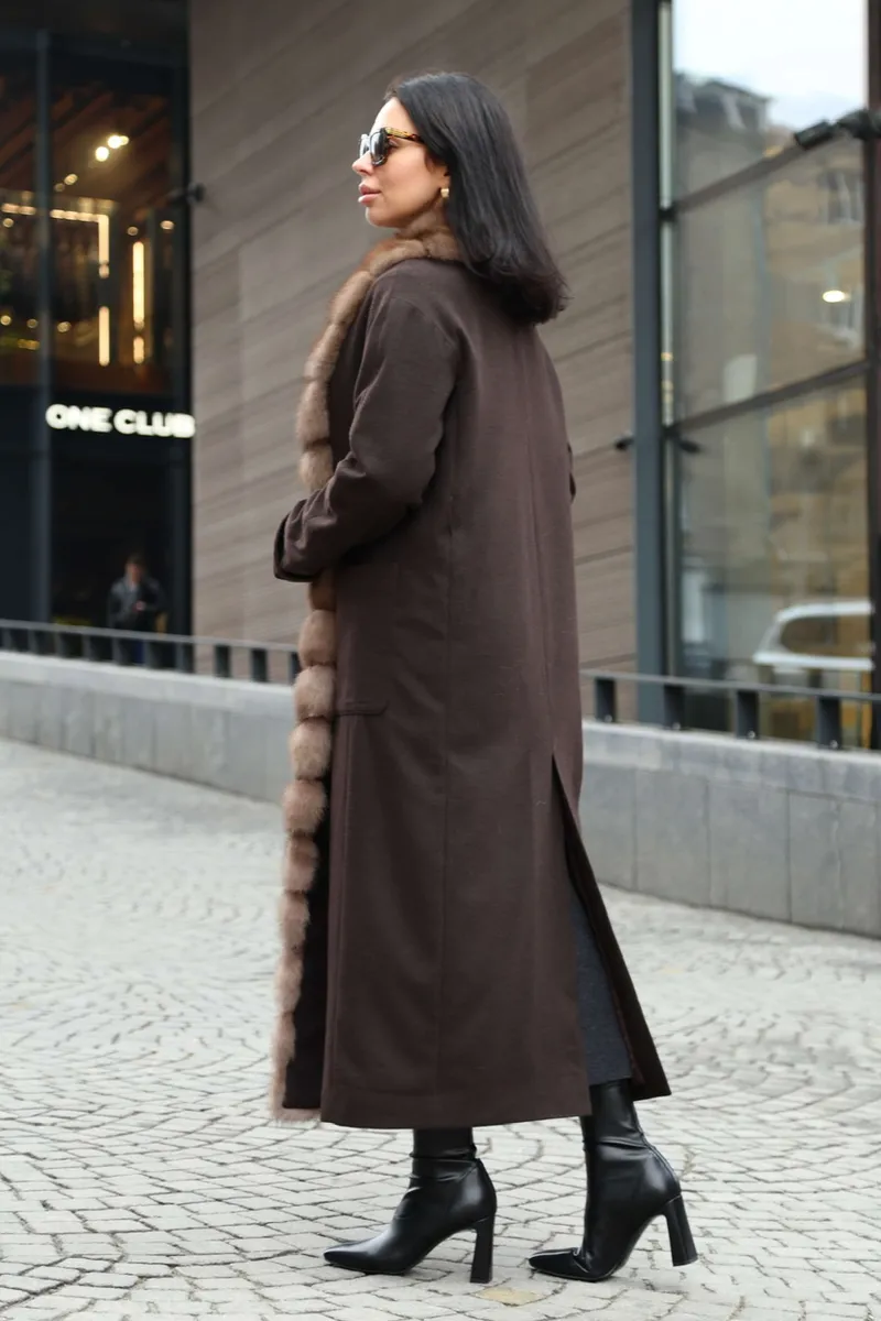 Chocolate cashmere coat with marten fur trim