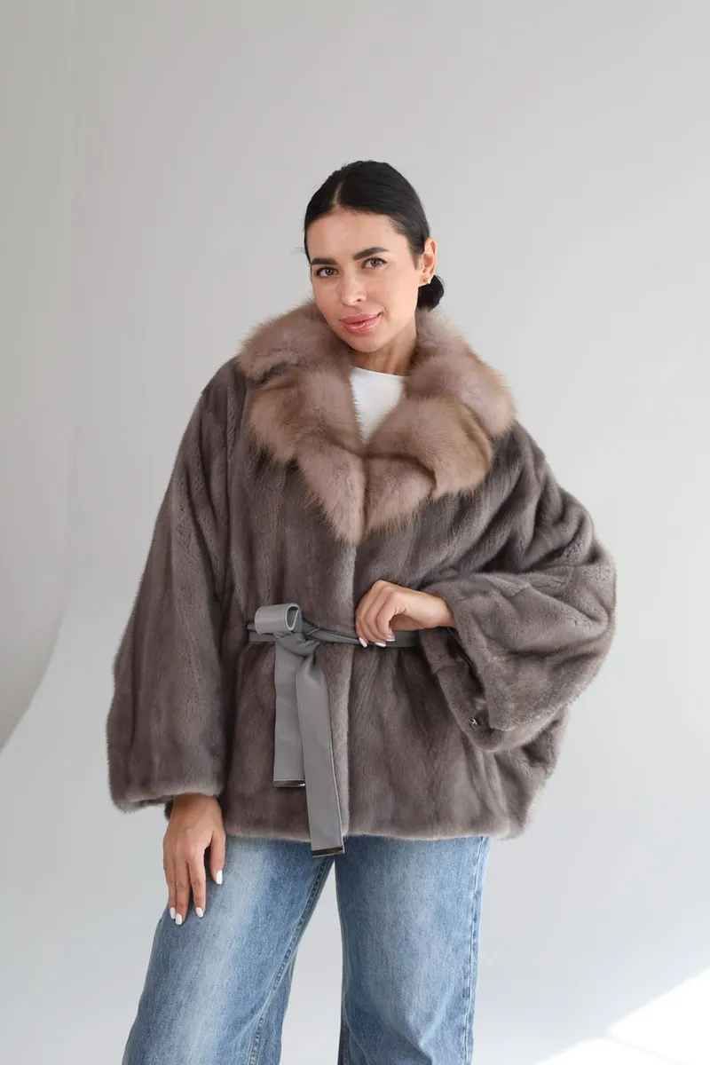 Mink kimono with marten fur on the collar