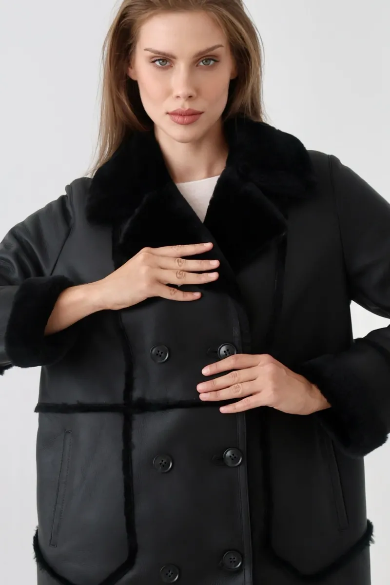 A basic merino sheepskin coat with buttons