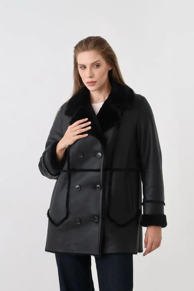A basic merino sheepskin coat with buttons