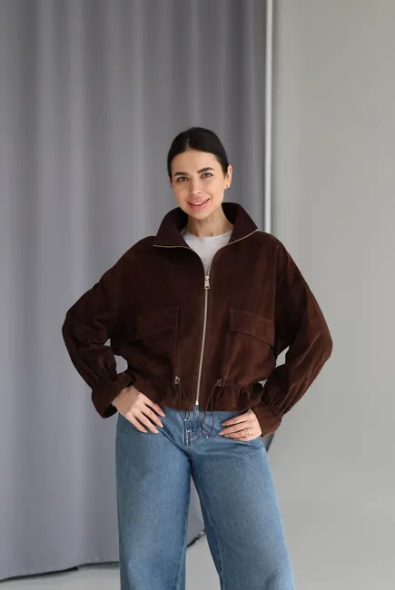 Suede bomber jacket with gold hardware