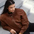 Suede bomber jacket with a stand-up collar