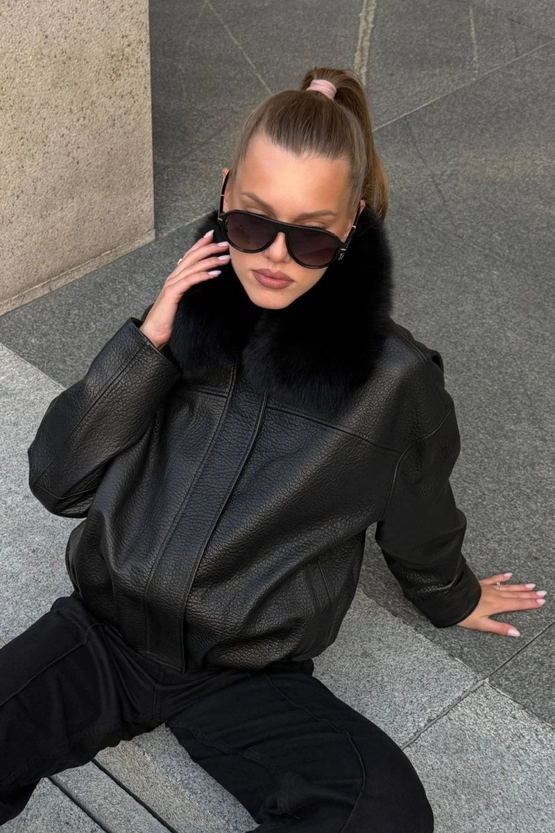 Black leather bomber jacket for the transitional season