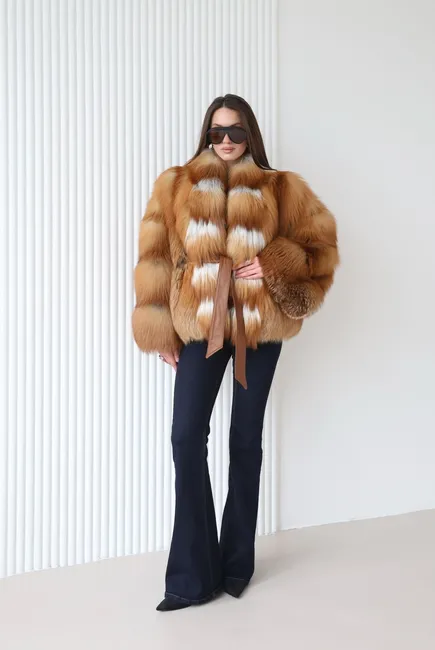 Red fox fur coat made of silver fox