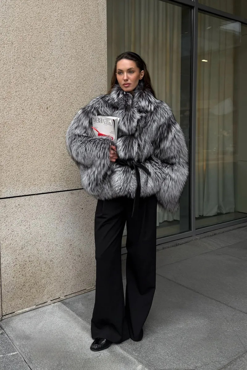 Silver fox fur coat with a stand-up collar