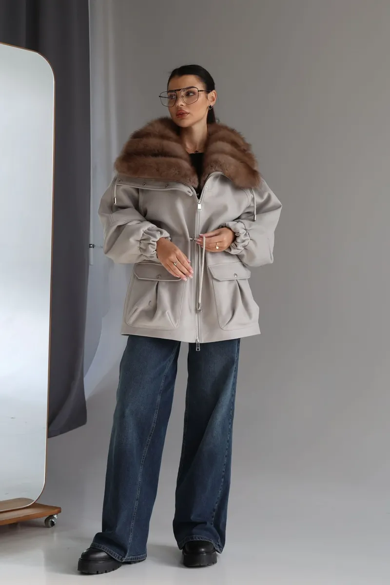 Gray cashmere coat with marten fur on the collar