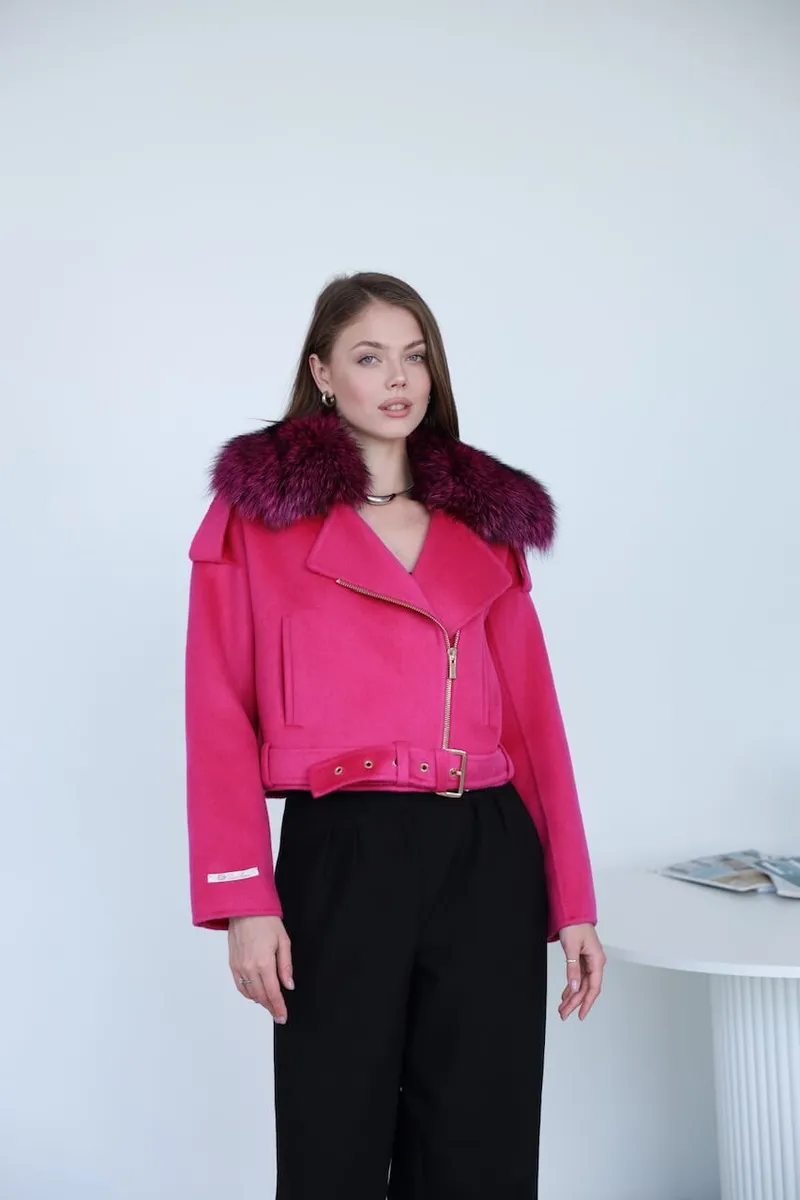 Short fuchsia alpaca leather jacket