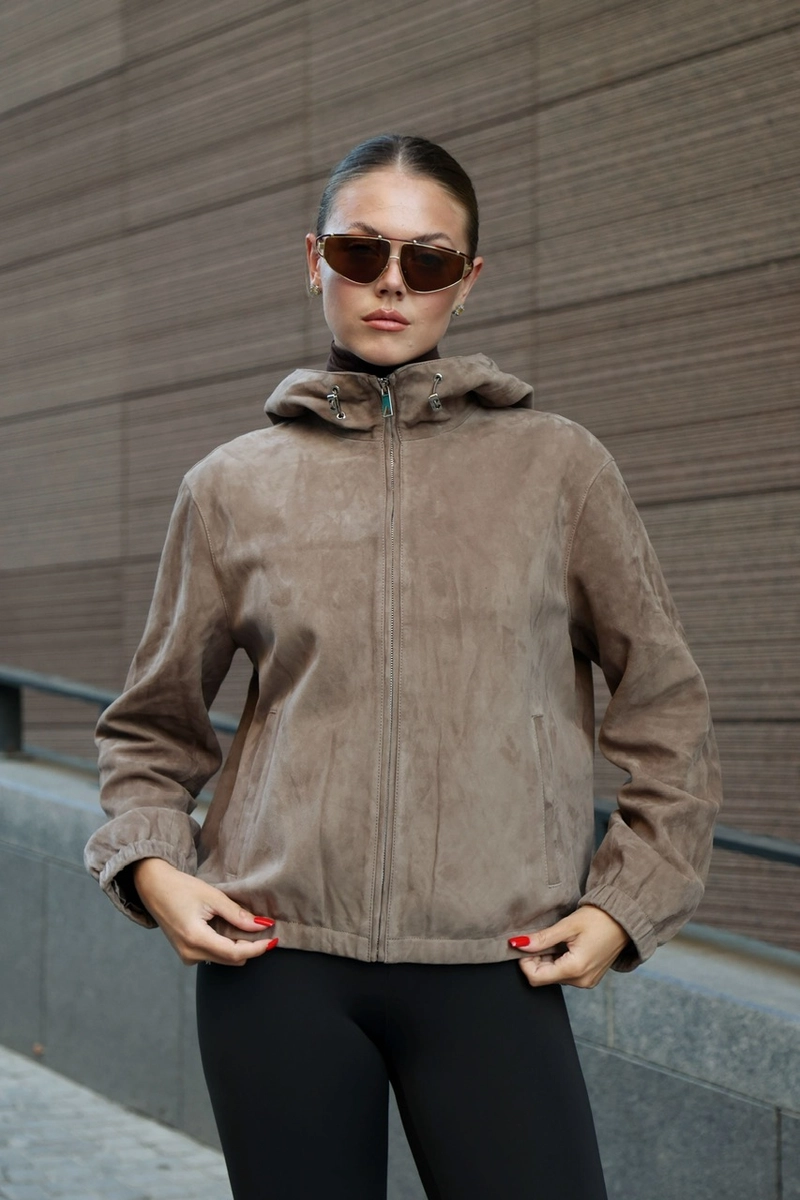 Basic light beige suede bomber jacket