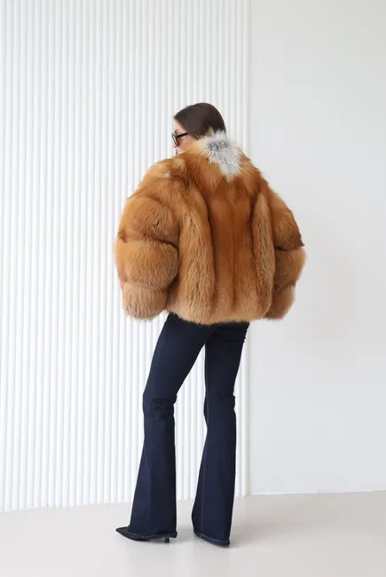 Red fox fur coat made of silver fox