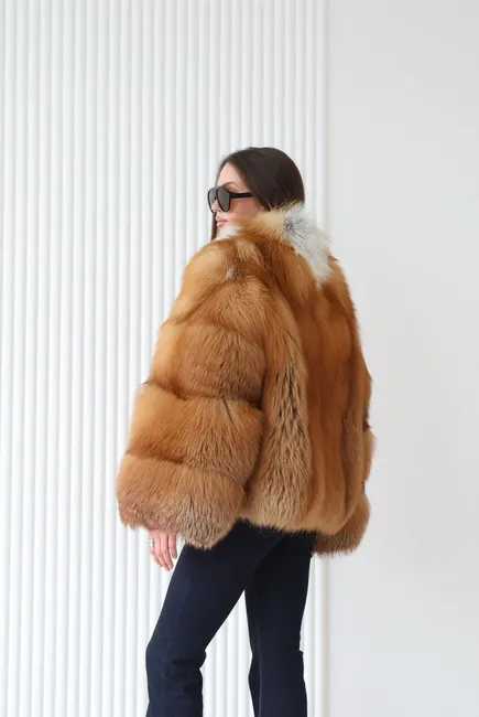 Red fox fur coat made of silver fox