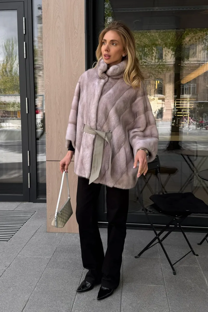 Ice mink fur coat with a stand collar