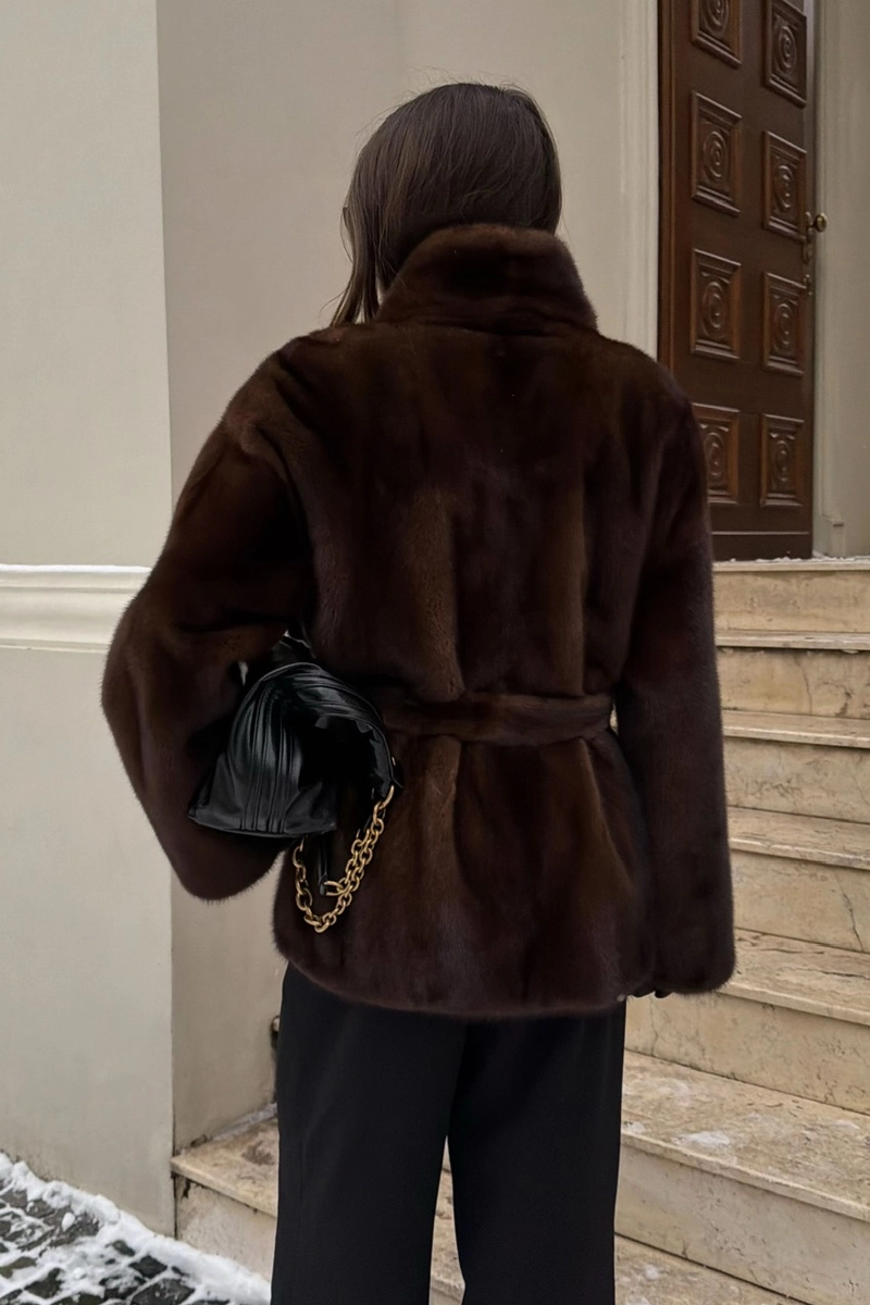 Brown mink fur coat with a shawl collar