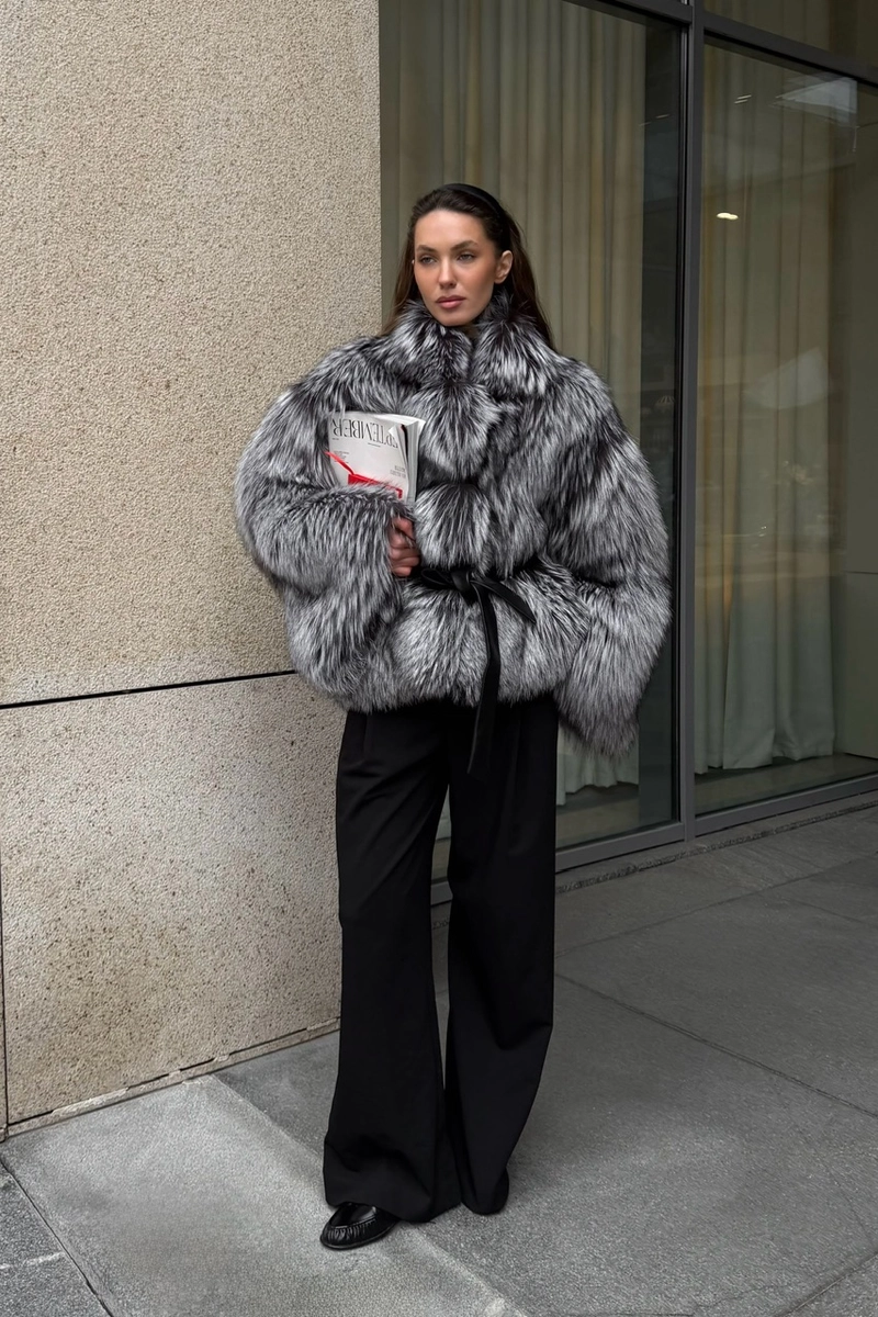 Silver fox fur coat with a stand-up collar