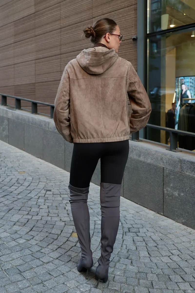 Basic light beige suede bomber jacket