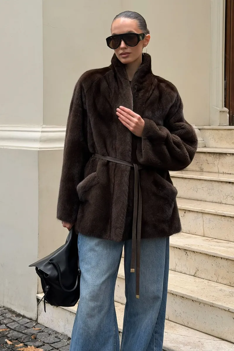 Belted mink fur coat with patch pockets