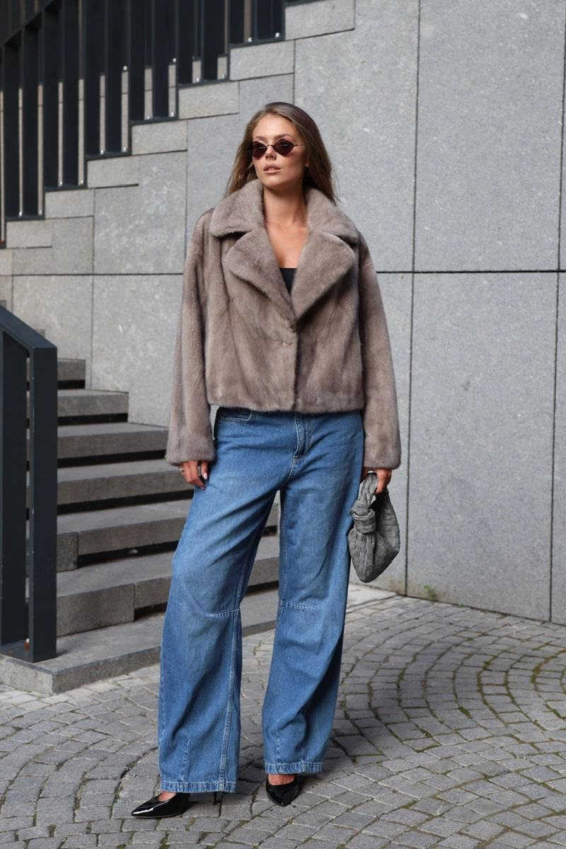 Cropped Scandinavian mink fur coat in a natural grey ice shade