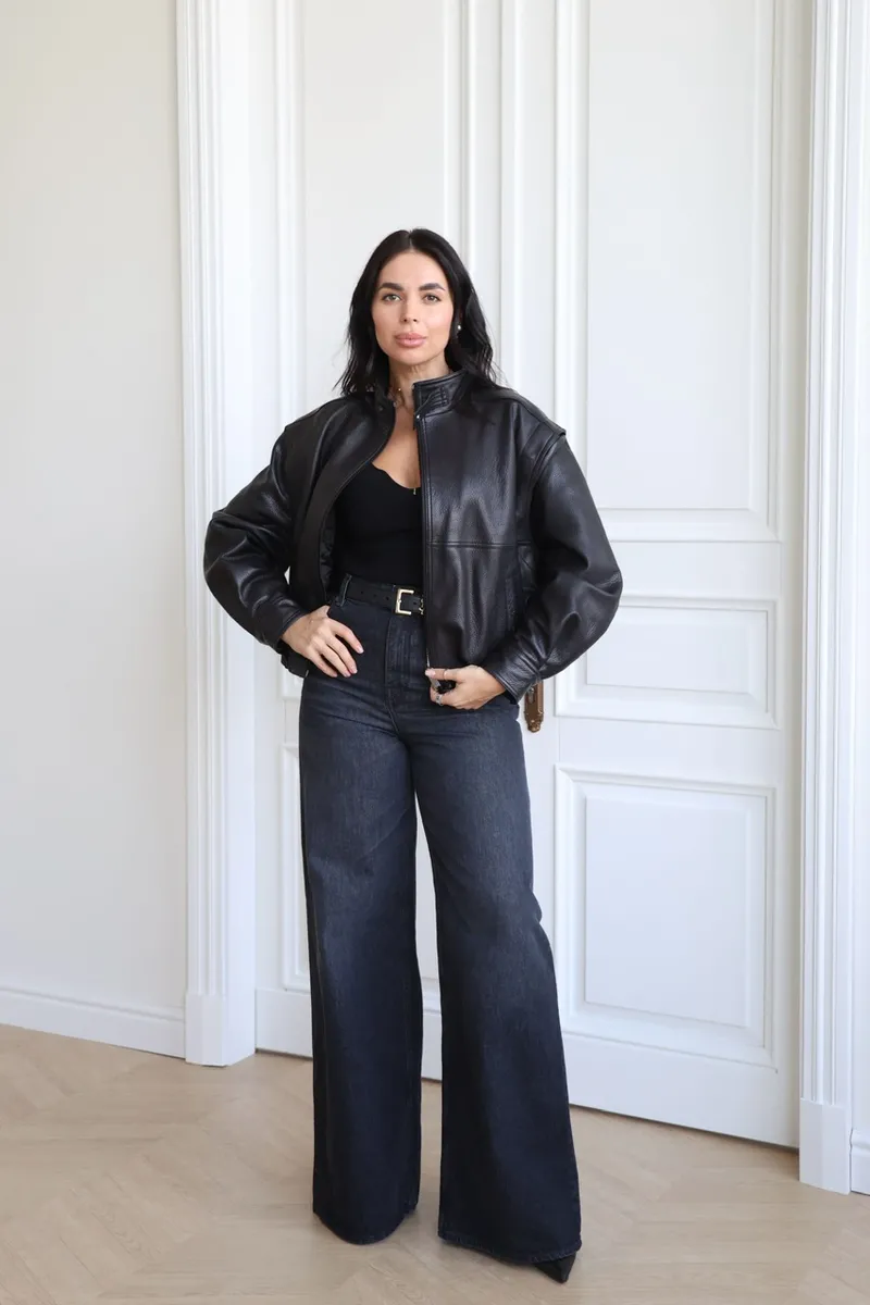 Black textured leather bomber jacket