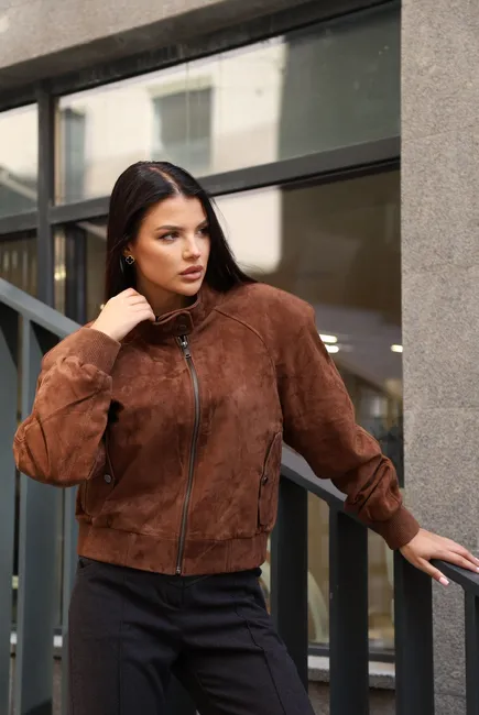 Suede bomber jacket with a stand-up collar
