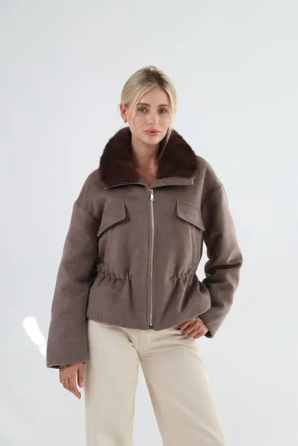 Wool down jacket with mink fur collar