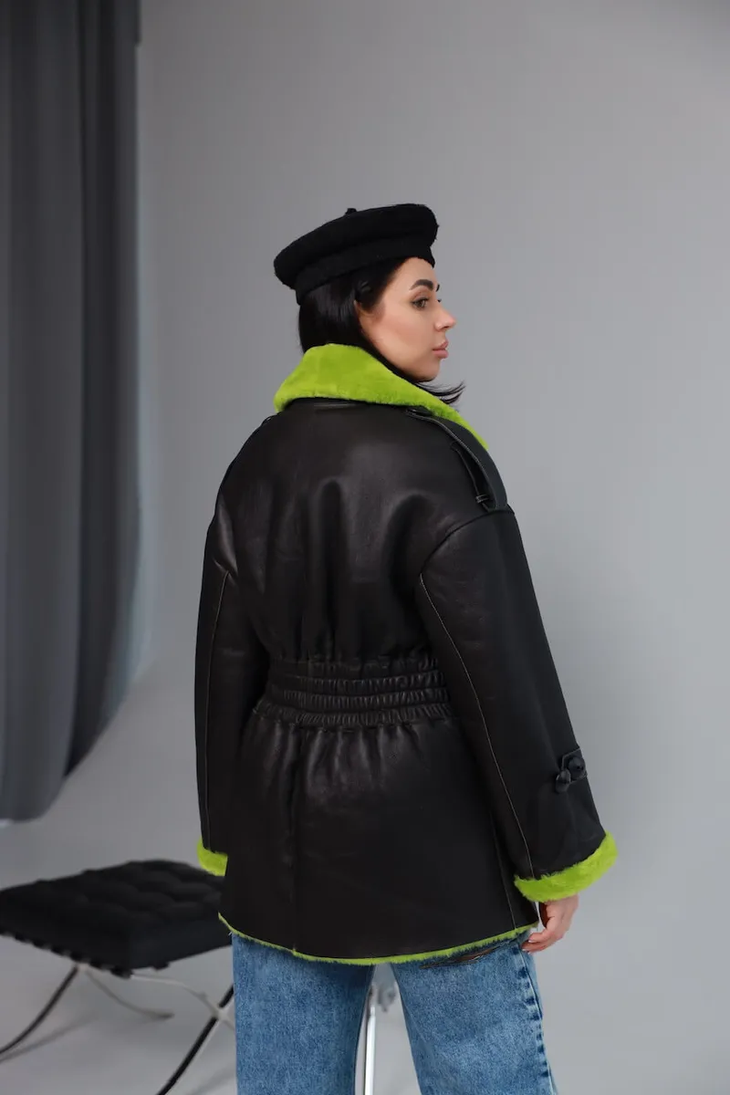 Merino sheepskin coat in apple green color