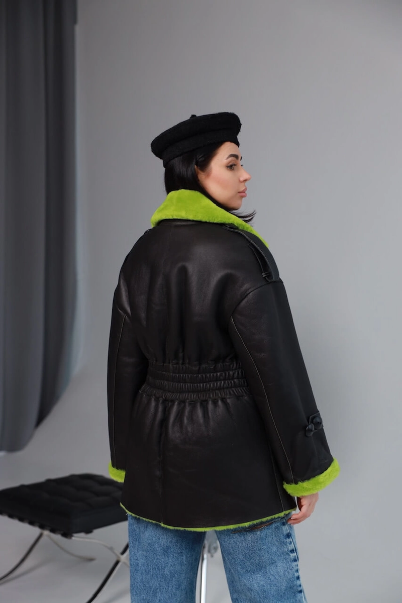 Merino sheepskin coat in apple green color