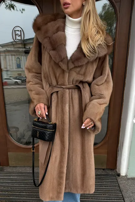 Pastel mink fur coat with a marten fur hood