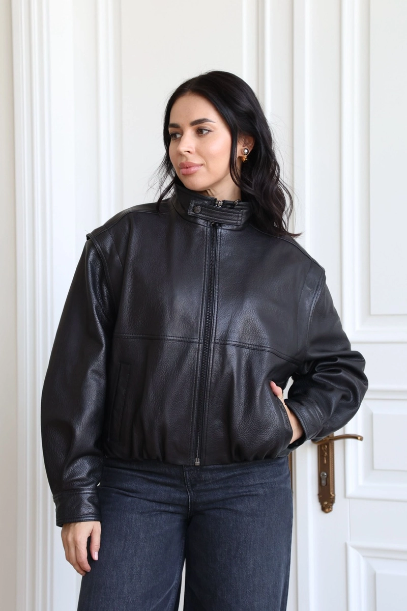 Black textured leather bomber jacket