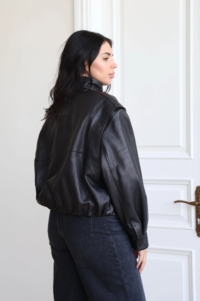 Black textured leather bomber jacket
