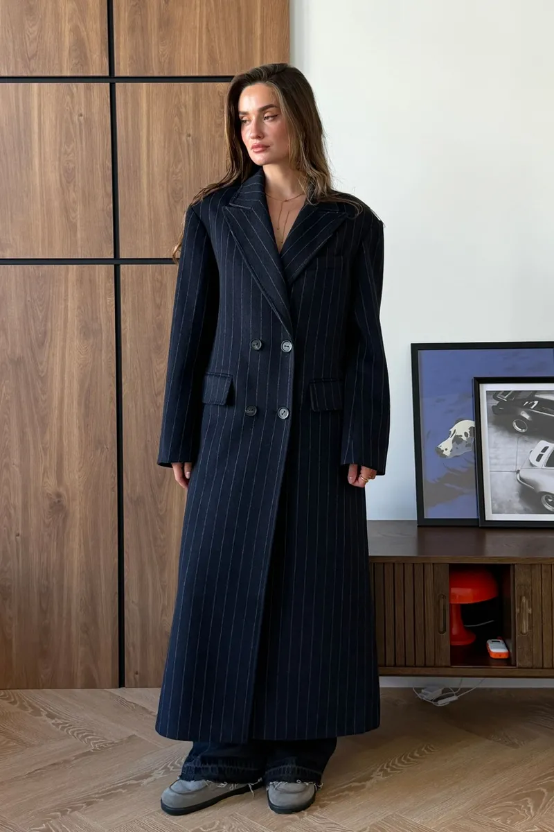 Blue wool striped coat